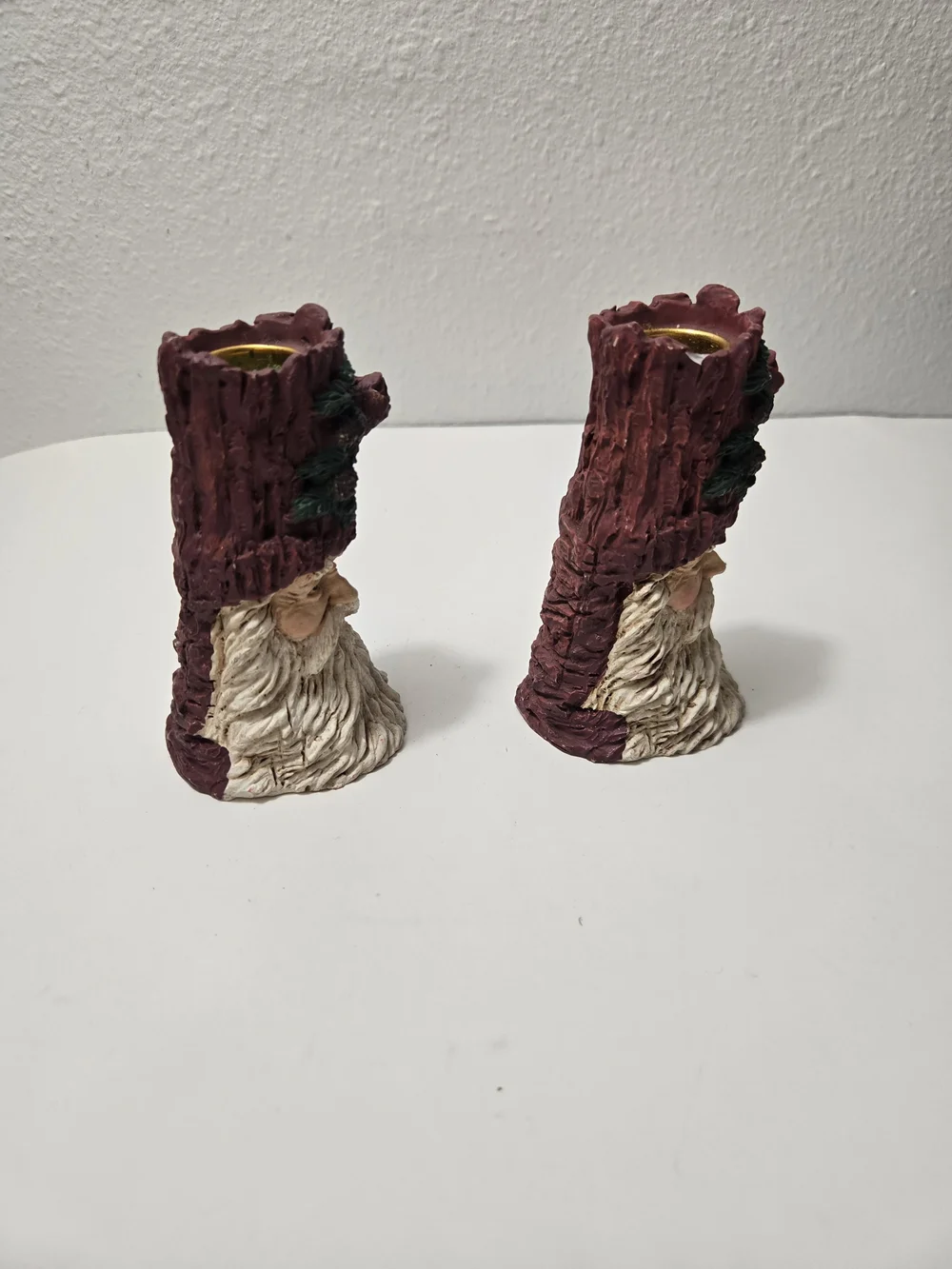 2- Vintage Woodland Santa Claus Resin Taper Candle Holders
